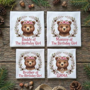 Personalized Custom Birthday Cute Woodland Bear Family White T-Shirts