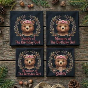 Personalized Custom Birthday Cute Woodland Bear Family Black T-Shirts