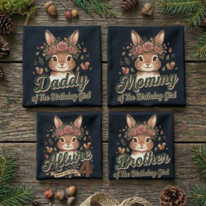 Personalized Custom Birthday Cute Woodland Bunny Rabbit Family Black T-Shirts
