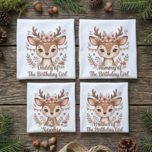 Personalized Custom Birthday Cute Woodland Deer Family White T-Shirts