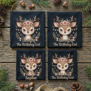 Personalized Custom Birthday Cute Woodland Deer Family Black T-Shirts