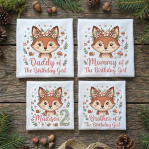 Personalized Custom Birthday Cute Woodland Fox Family White T-Shirts