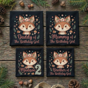 Personalized Custom Birthday Cute Woodland Fox Family Black T-Shirts