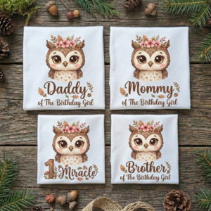 Personalized Custom Birthday Cute Woodland Owl Family White T-Shirts