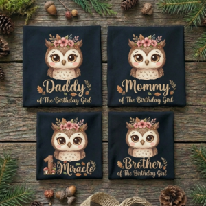 Personalized Custom Birthday Cute Woodland Owl Family Black T-Shirts